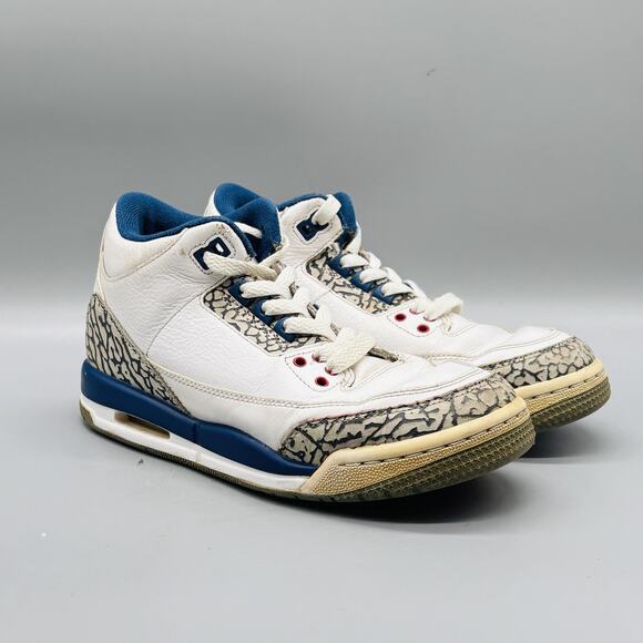 Nike Shoes Youth 4.5 White Blue Leather Air Jordan 3 Retro Basketball Sneakers - Picture 2 of 11